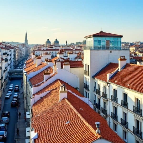 Une rue de la ville bordée de bâtiments blancs aux toits de tuiles rouges, vue d'en haut, avec des voitures garées le long de la route et des clochers d'église visibles à l'arrière plan.