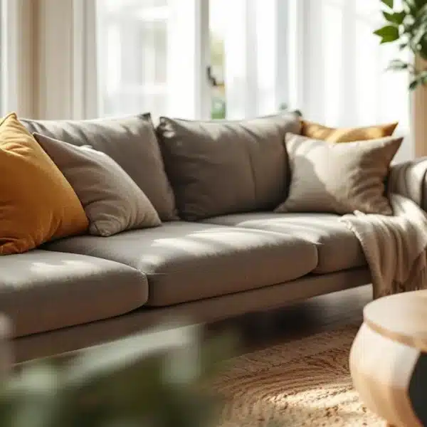 Un salon moderne avec un canapé gris décoré de coussins colorés, une table basse en bois, des plantes en pot et une étagère, le tout éclairé par la lumière naturelle du soleil provenant de grandes fenêtres.