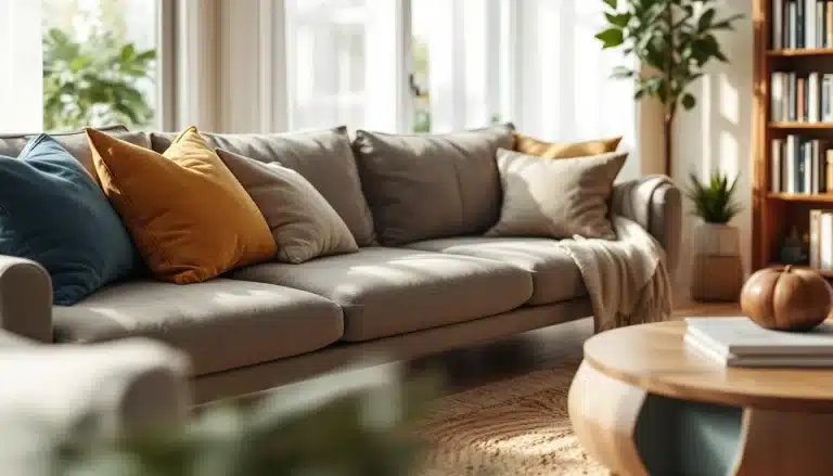 Un salon moderne avec un canapé gris décoré de coussins colorés, une table basse en bois, des plantes en pot et une étagère, le tout éclairé par la lumière naturelle du soleil provenant de grandes fenêtres.