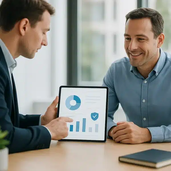 Deux hommes en tenue de travail sont assis à un bureau ; l'un d'eux montre une tablette affichant des graphiques et des tableaux tandis que l'autre écoute en souriant.