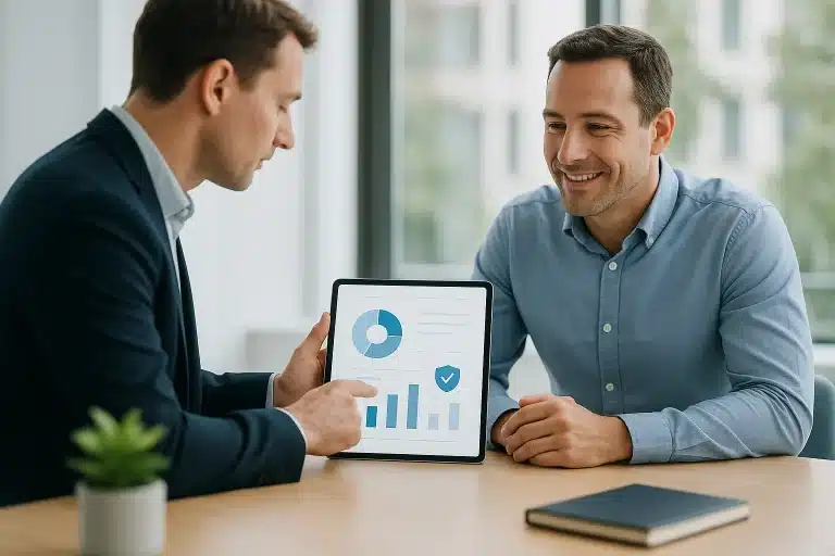 Deux hommes en tenue de travail sont assis à un bureau ; l'un d'eux montre une tablette affichant des graphiques et des tableaux tandis que l'autre écoute en souriant.