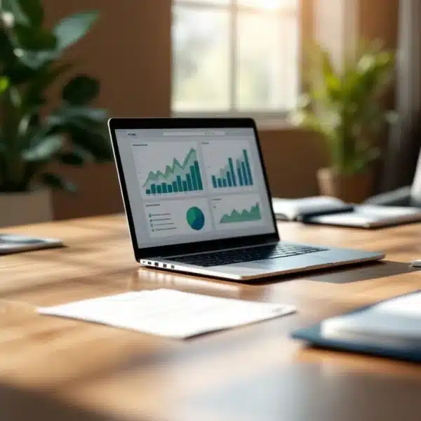 Un ordinateur portable affichant des tableaux et des graphiques est posé sur une table de conférence dans un bureau lumineux, avec des plantes en pot et des documents à proximité.