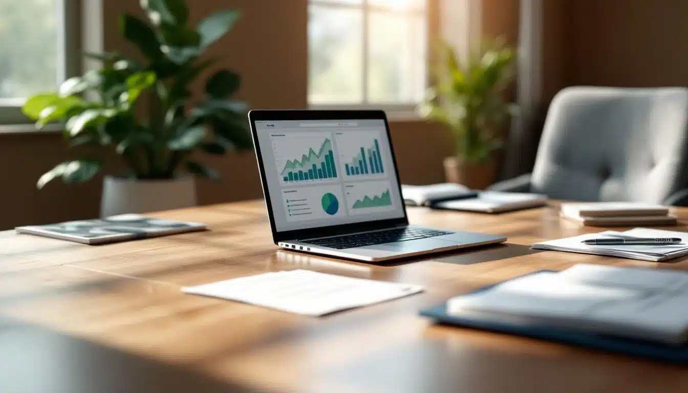 Un ordinateur portable affichant des tableaux et des graphiques est posé sur une table de conférence dans un bureau lumineux, avec des plantes en pot et des documents à proximité.