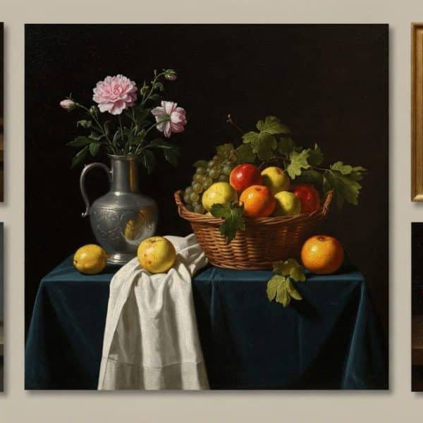 Un mur de galerie présente cinq natures mortes représentant des arrangements de fruits, de fleurs et de vaisselle sur des tables drapées avec des fonds sombres.