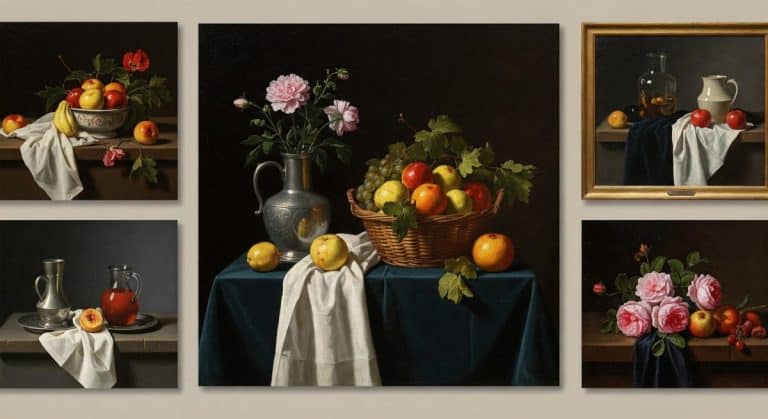 Un mur de galerie présente cinq natures mortes représentant des arrangements de fruits, de fleurs et de vaisselle sur des tables drapées avec des fonds sombres.