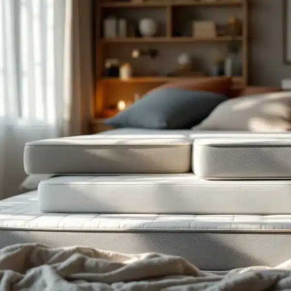 Un lit bien fait avec trois coussins empilés dans une chambre à coucher ensoleillée avec des plantes, des étagères et des œuvres d'art murales encadrées.