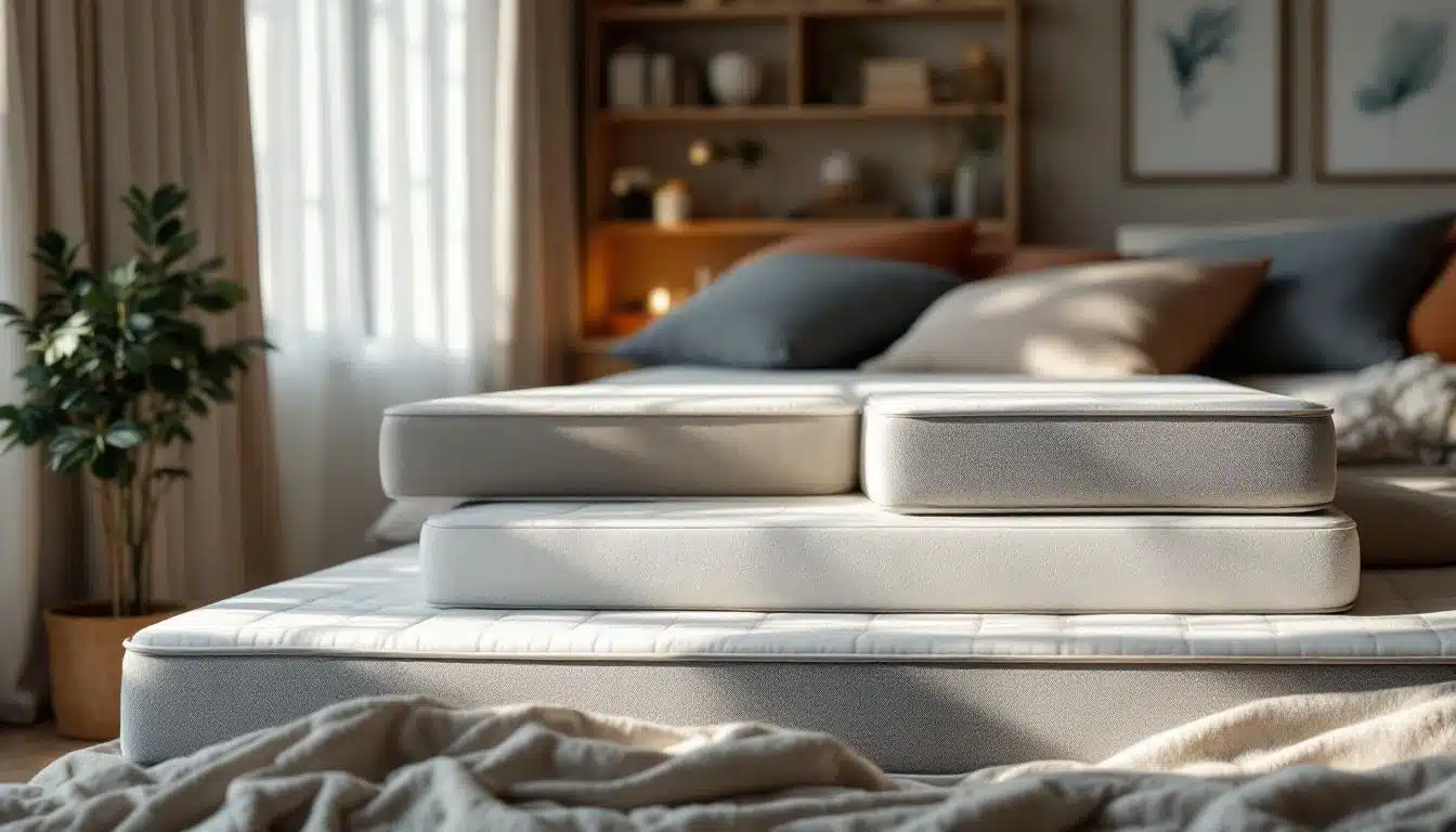 Un lit bien fait avec trois coussins empilés dans une chambre à coucher ensoleillée avec des plantes, des étagères et des œuvres d'art murales encadrées.