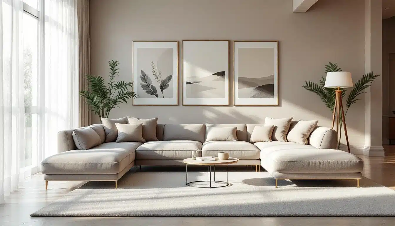 Un salon moderne avec un grand canapé sectionnel beige, une table basse ronde, trois œuvres d'art murales encadrées, des plantes en pot et des fenêtres allant du sol au plafond avec des rideaux diaphanes.