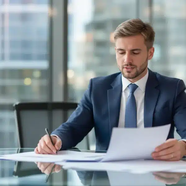 Un homme en costume examine des documents assis à une table en verre dans un bureau doté de grandes fenêtres et d'une vue sur le paysage urbain. Une petite plante est posée sur la table.