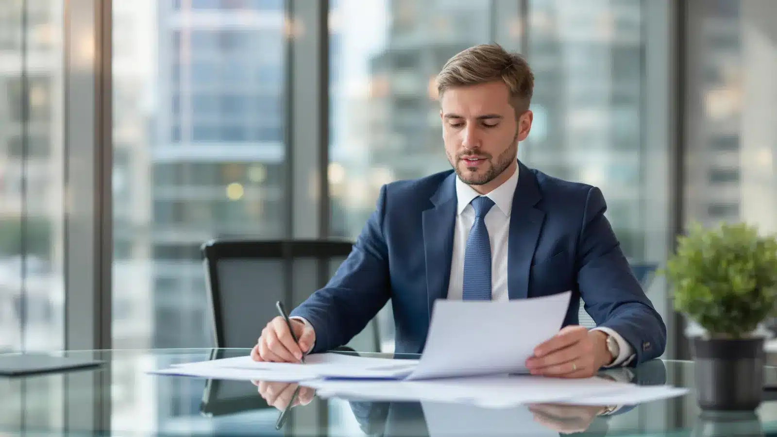 Un homme en costume examine des documents assis à une table en verre dans un bureau doté de grandes fenêtres et d'une vue sur le paysage urbain. Une petite plante est posée sur la table.