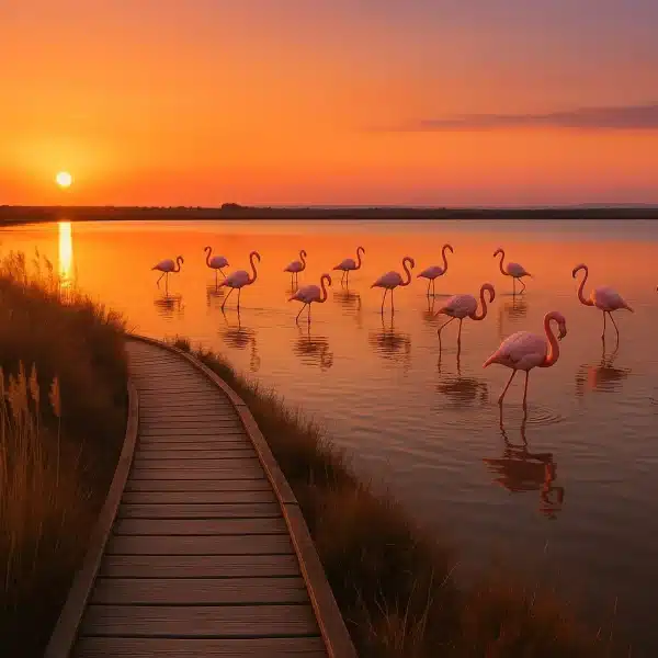 Un groupe de flamants roses se tient dans une eau peu profonde près d'une promenade en bois au coucher du soleil, avec de hautes herbes sur la gauche et le soleil bas sur l'horizon.