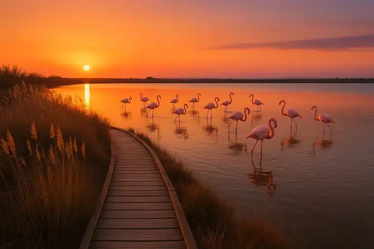 Un groupe de flamants roses se tient dans une eau peu profonde près d'une promenade en bois au coucher du soleil, avec de hautes herbes sur la gauche et le soleil bas sur l'horizon.