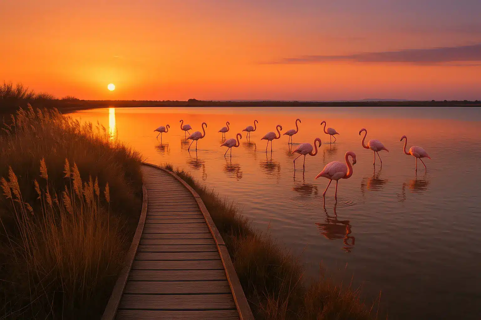 Un groupe de flamants roses se tient dans une eau peu profonde près d'une promenade en bois au coucher du soleil, avec de hautes herbes sur la gauche et le soleil bas sur l'horizon.