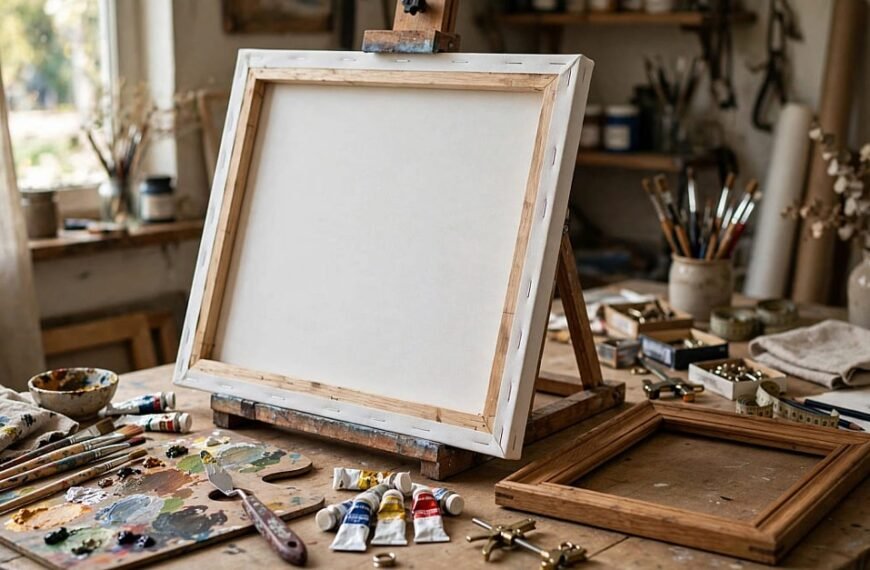Une toile vierge posée sur un chevalet, entourée de matériel d'artiste sur une table en bois.