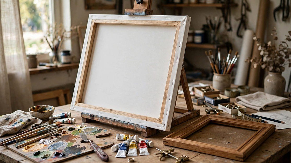 Une toile vierge posée sur un chevalet, entourée de matériel d'artiste sur une table en bois.