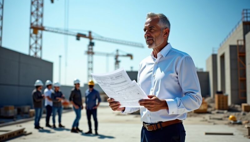 Un homme en chemise blanche tient des plans sur un chantier de construction, avec en arrière-plan des grues et des ouvriers portant des casques de chantier.