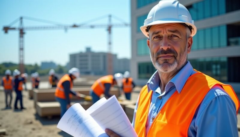 Un directeur de la construction portant un casque et un gilet de sécurité tient des documents sur un chantier, avec des ouvriers et des grues à l'arrière-plan.