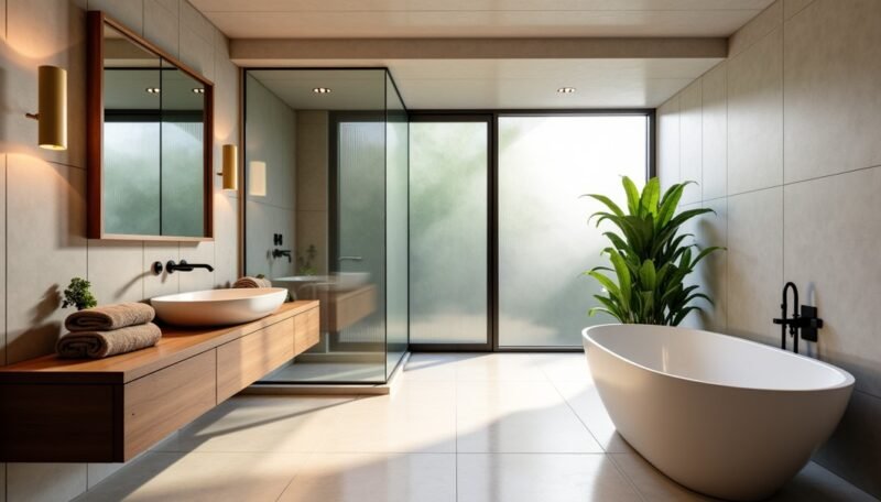 Salle de bains moderne avec baignoire autoportante, douche en verre, meuble-lavabo flottant en bois avec vasque, grand miroir et plante en pot près des fenêtres en verre dépoli.