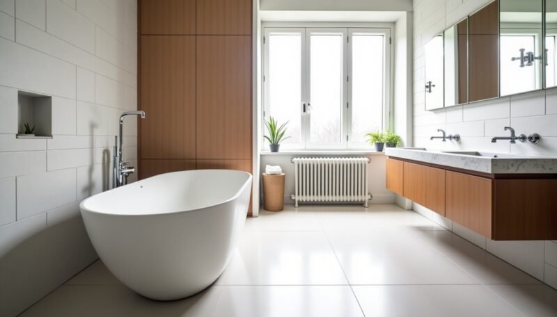Salle de bains moderne avec une baignoire ovale autoportante, deux lavabos, de grands miroirs, des armoires en bois, des plantes et une fenêtre laissant entrer la lumière naturelle.