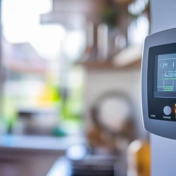 Gros plan d'un thermostat numérique sur un mur, affichant divers paramètres et graphiques. L'arrière plan montre un intérieur flou avec la lumière du soleil et des plantes visibles.