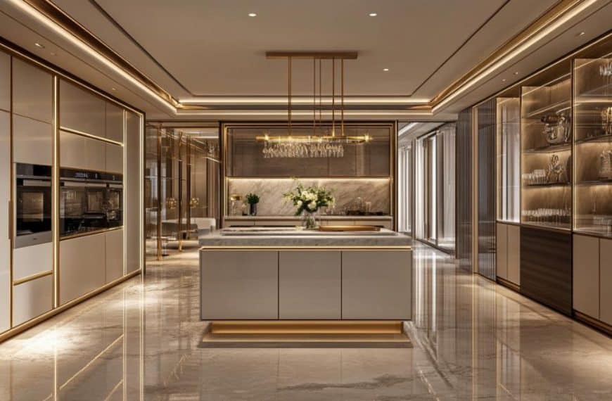 Cuisine luxueuse et moderne avec sols en marbre, meubles élégants, îlot central et éclairage d'ambiance. Un lustre est suspendu au dessus de l'îlot et des vases de fleurs blanches ornent l'espace.