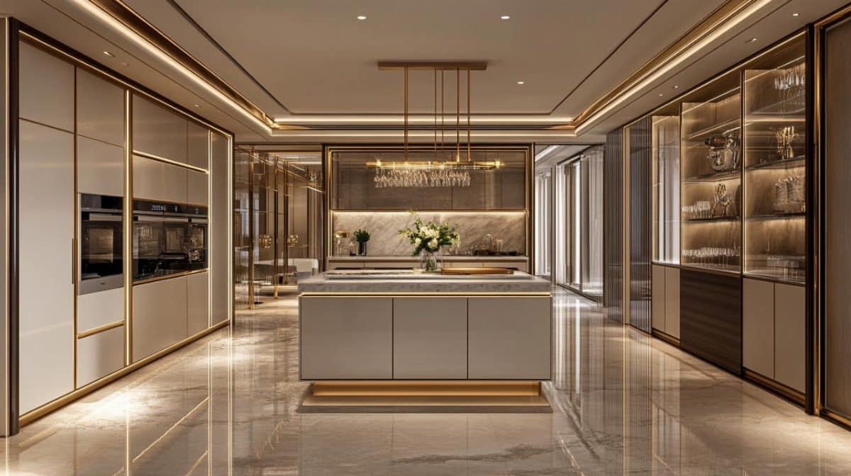 Cuisine luxueuse et moderne avec sols en marbre, meubles élégants, îlot central et éclairage d'ambiance. Un lustre est suspendu au dessus de l'îlot et des vases de fleurs blanches ornent l'espace.