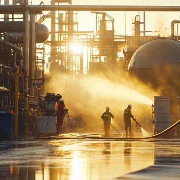 Des ouvriers manipulent des tuyaux pour pulvériser de l'eau dans une usine au coucher du soleil. Des silhouettes et des équipements sont visibles dans la lumière dorée.