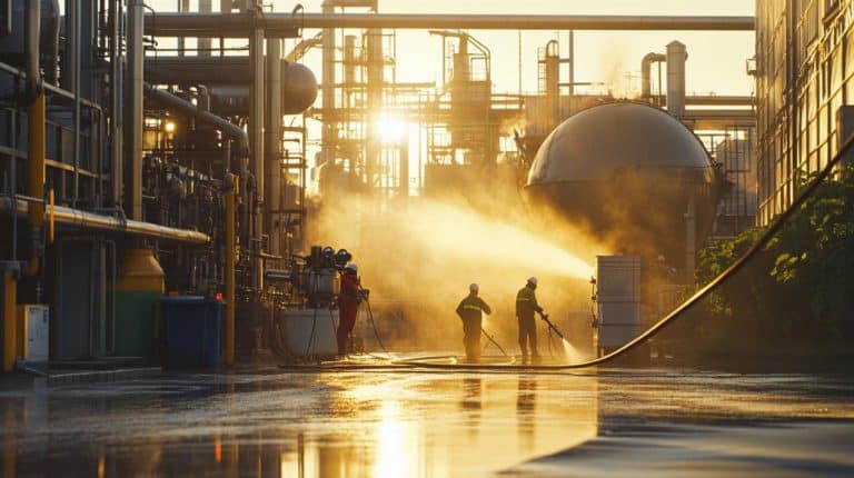 Des ouvriers manipulent des tuyaux pour pulvériser de l'eau dans une usine au coucher du soleil. Des silhouettes et des équipements sont visibles dans la lumière dorée.