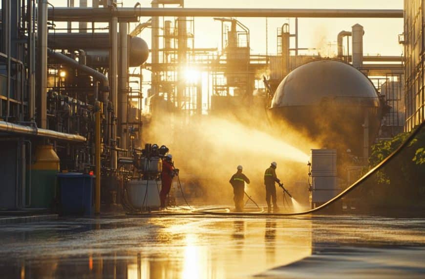 Des ouvriers manipulent des tuyaux pour pulvériser de l'eau dans une usine au coucher du soleil. Des silhouettes et des équipements sont visibles dans la lumière dorée.