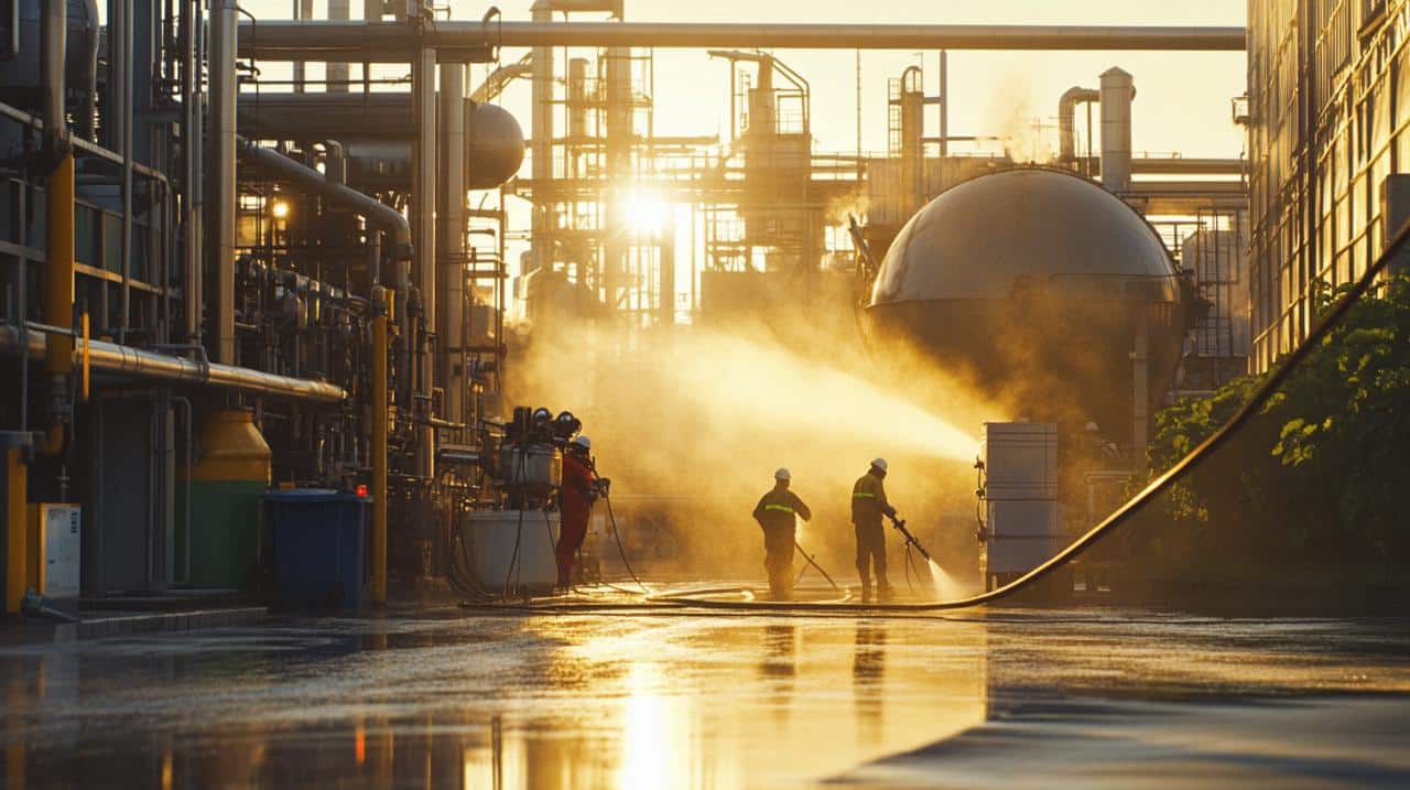Des ouvriers manipulent des tuyaux pour pulvériser de l'eau dans une usine au coucher du soleil. Des silhouettes et des équipements sont visibles dans la lumière dorée.