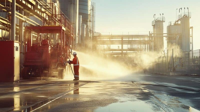 Un ouvrier en tenue de sécurité pulvérise de l'eau sur un site industriel doté de grosses machines et de réservoirs de stockage sous un ciel clair.