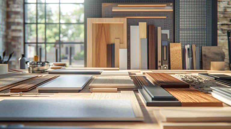 Une variété d’échantillons de bois et de matériaux de conception sont disposés sur une table dans une pièce bien éclairée avec de grandes fenêtres.