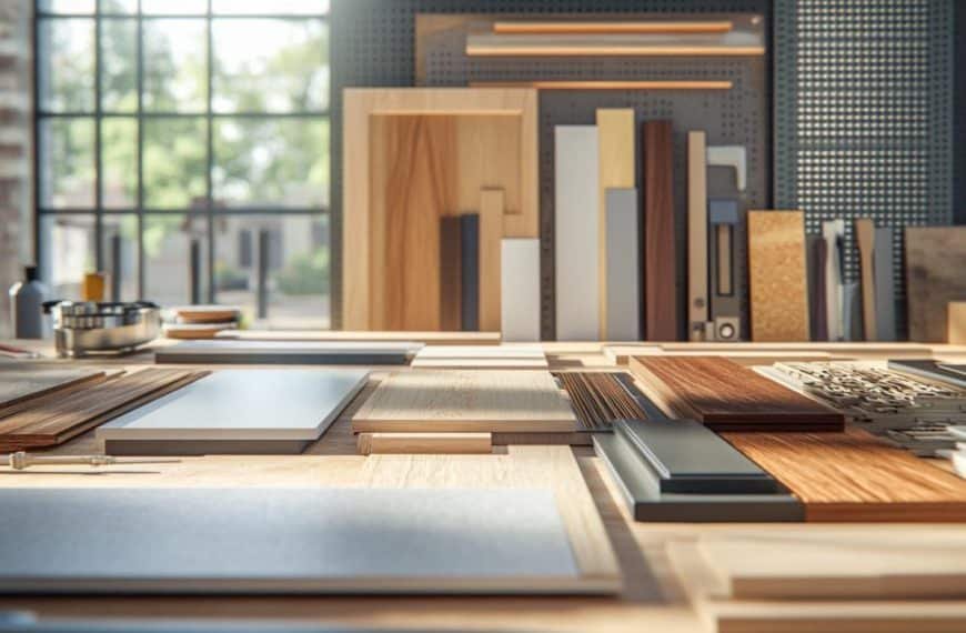 Une variété d’échantillons de bois et de matériaux de conception sont disposés sur une table dans une pièce bien éclairée avec de grandes fenêtres.