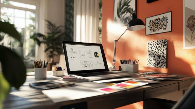 Un espace de travail bien rangé avec un ordinateur portable affichant un logiciel d'architecture, entouré de stylos, d'échantillons de couleurs et de décorations, est bien éclairé par une fenêtre à proximité.