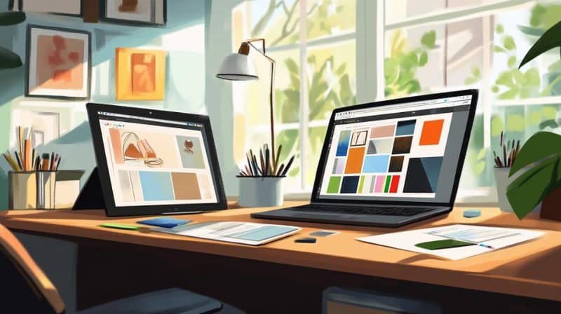 Un studio d'art lumineux et ensoleillé avec une tablette et un ordinateur portable affichant des œuvres d'art numériques sur un bureau en bois, entouré de fournitures d'art et d'images encadrées sur les murs.