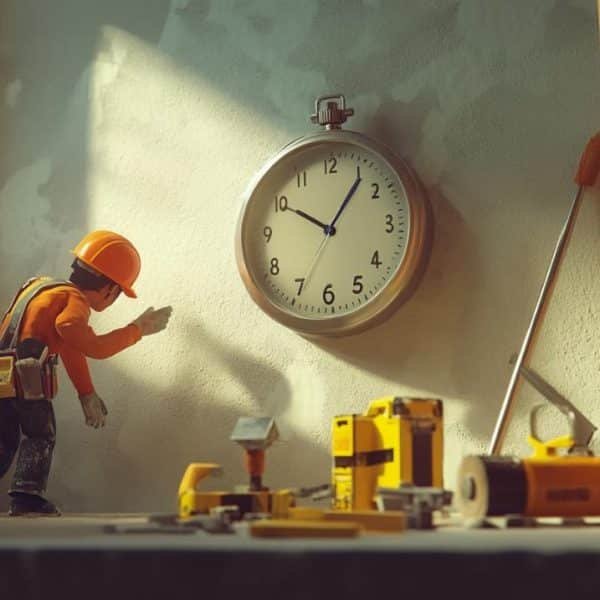 Une personne en tenue de chantier pointe du doigt une horloge murale indiquant 10h10 dans un atelier, entourée d'outils et d'équipements, avec la lumière du soleil traversant une fenêtre.