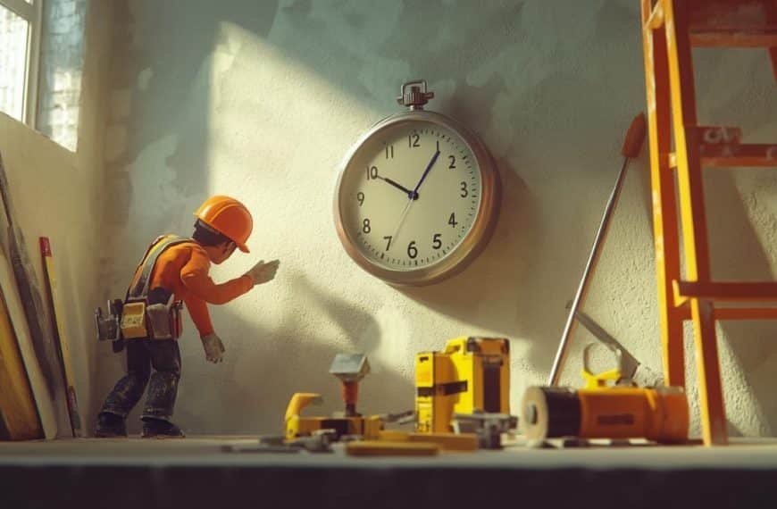 Une personne en tenue de chantier pointe du doigt une horloge murale indiquant 10h10 dans un atelier, entourée d'outils et d'équipements, avec la lumière du soleil traversant une fenêtre.