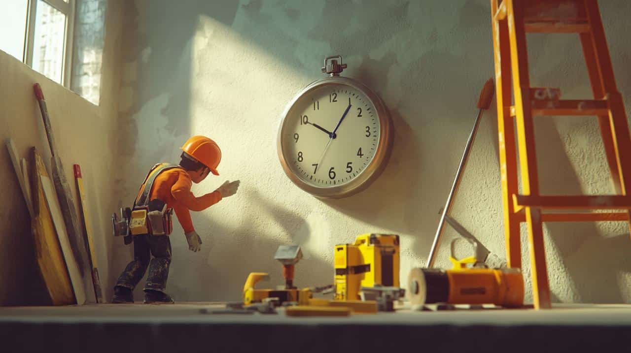 Une personne en tenue de chantier pointe du doigt une horloge murale indiquant 10h10 dans un atelier, entourée d'outils et d'équipements, avec la lumière du soleil traversant une fenêtre.