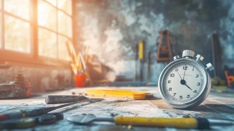 Un chronomètre est posé sur un établi encombré et poussiéreux avec divers outils. La lumière du soleil pénètre à travers une fenêtre, illuminant la scène. Un chronomètre est posé sur un établi encombré et poussiéreux avec divers outils. La lumière du soleil pénètre à travers une fenêtre, illuminant la scène.