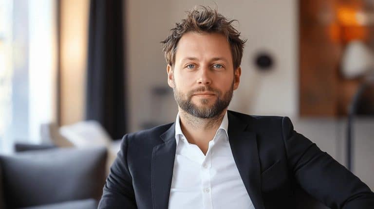Un homme vêtu d'un blazer noir et d'une chemise blanche est assis dans une pièce bien éclairée avec des éléments d'arrière plan flous.