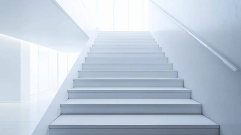 Un escalier blanc au design épuré et moderne mène à un espace lumineux. Les murs environnants sont également blancs, renforçant l'esthétique minimaliste.