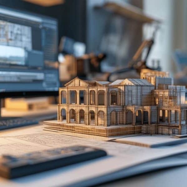 Une maquette architecturale miniature d'un bâtiment classique est posée sur des plans. Un ordinateur équipé d'un logiciel de conception et divers articles de bureau sont posés sur le bureau en arrière plan.