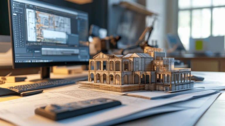 Une maquette architecturale miniature d'un bâtiment classique est posée sur des plans. Un ordinateur équipé d'un logiciel de conception et divers articles de bureau sont posés sur le bureau en arrière plan.