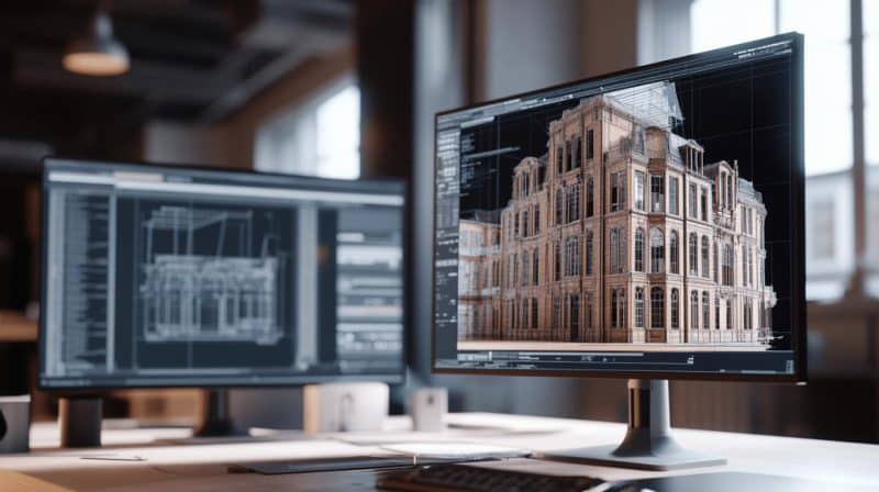 Deux écrans d'ordinateur affichent des modèles 3D et des plans architecturaux dans un environnement de bureau moderne.