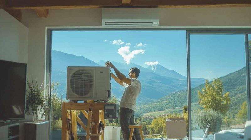 Une personne travaille sur un climatiseur à l'intérieur, avec de grandes fenêtres offrant une vue panoramique sur les montagnes et les arbres à l'extérieur.