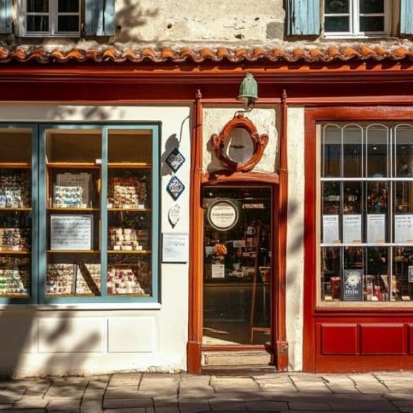 Façade d'une boutique pittoresque avec de grandes fenêtres présentant divers articles, une porte centrale en bois et une enseigne suspendue au dessus de l'entrée. La lumière du soleil projette des ombres sur le trottoir en pierre.