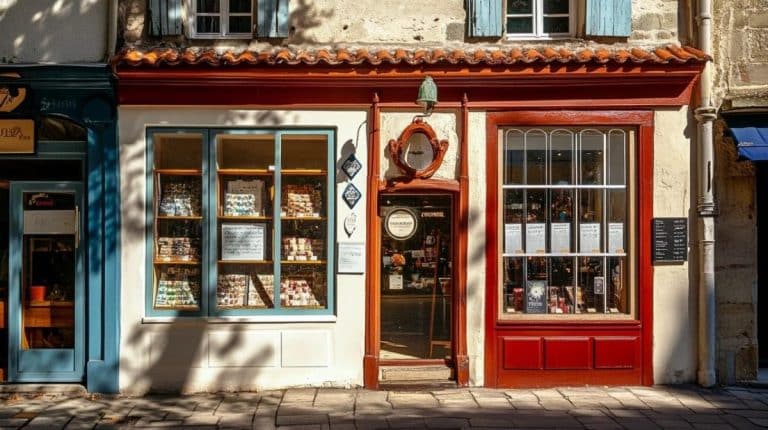 Façade d'une boutique pittoresque avec de grandes fenêtres présentant divers articles, une porte centrale en bois et une enseigne suspendue au dessus de l'entrée. La lumière du soleil projette des ombres sur le trottoir en pierre.