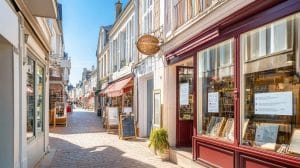 Une rue pavée étroite bordée de boutiques aux grandes vitrines, d'enseignes et d'auvents par une journée ensoleillée.