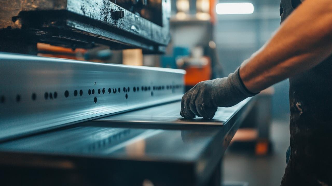 Une personne portant un gant utilise une machine à plier les tôles dans un environnement industriel.