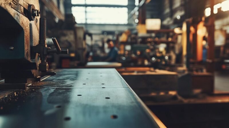 Gros plan d'une machine industrielle à l'intérieur d'une usine, avec un équipement flou et un ouvrier en arrière-plan, éclairé par la lumière naturelle et artificielle.